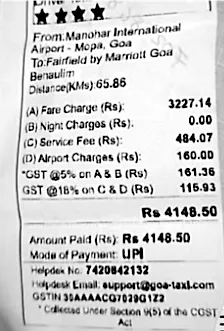 मोपा-बाणावली टॅक्सी भाडे तब्बल 4180 रुपये