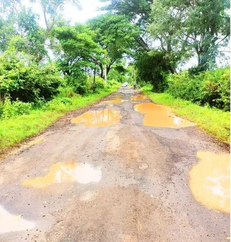 हलशी-बेकवाड रस्त्यावर खड्डेच खड्डे There are potholes on the Halshi-Bekwad road