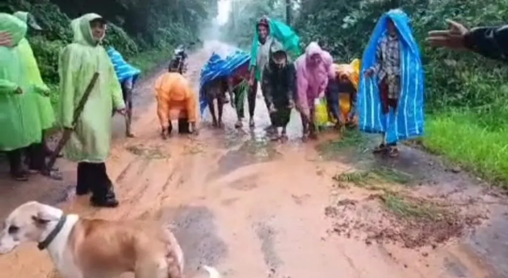 चक्क रस्त्यावरच भातरोप लागवड करून निषेध Protest by planting paddy on the road itself