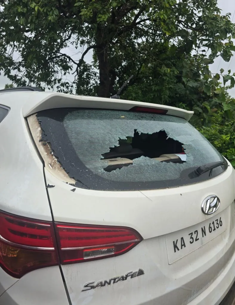 Parking vehicle vandalized by unknown persons near Halshi Pravasi Hostel