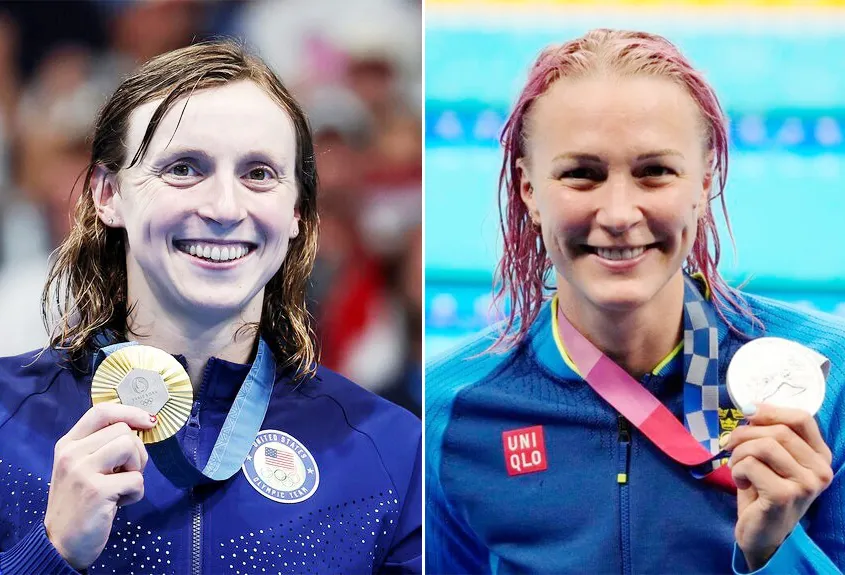 Katie Ledecky, Leon Marchand, Josstrom Gold Medalists