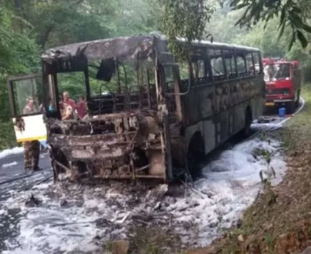 A private bus transporting employees of the Kaiga project burnt down