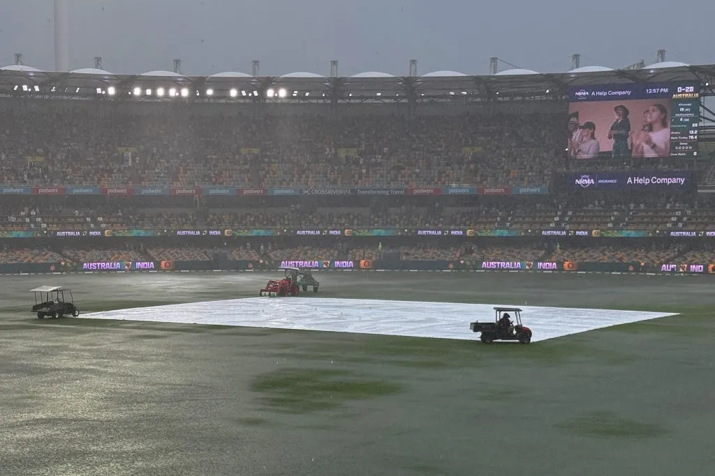Rainwater on the first day of the Gabba Test