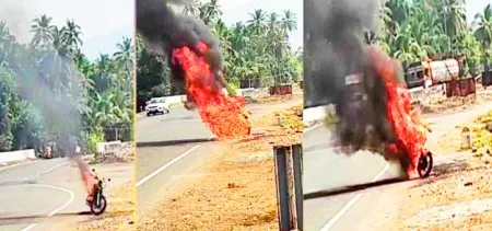 A running sports motorcycle caught fire