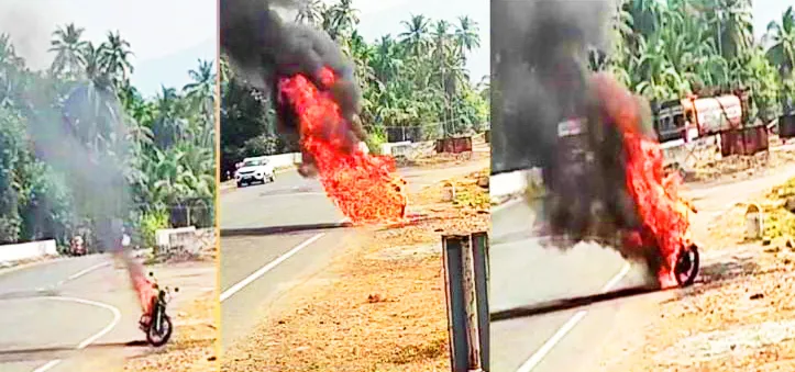 A running sports motorcycle caught fire
