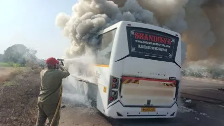 Luxury bus catches massive fire on the highway