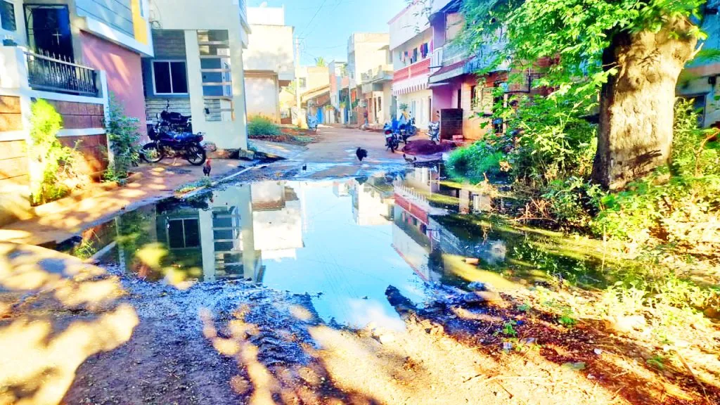Foul smell due to sewage water overflowing on the road in Kallehol