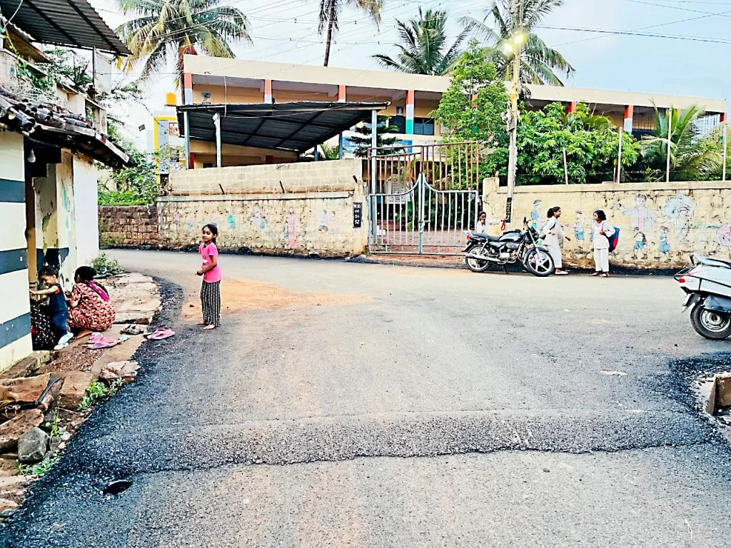 Speed ​​bumps installed in front of the gate of Kanbargi Marathi School