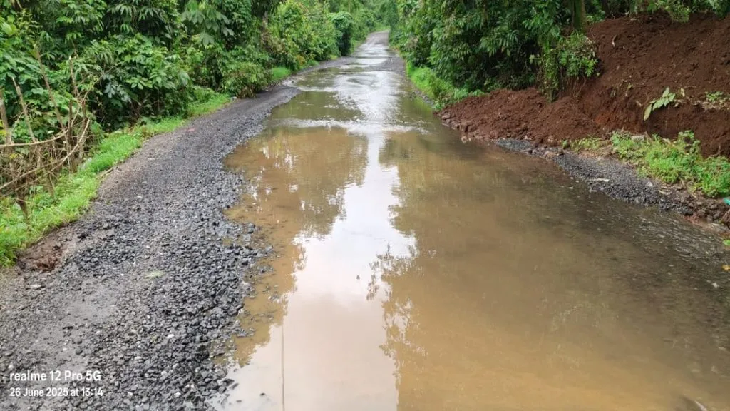 बांदा- दाणोली जिल्हामार्गावर गटारातील पाणी भर रस्त्यावर