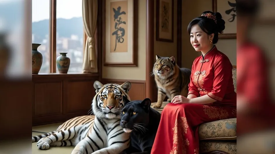 A woman lives with a white tiger, leopard, wild cat, and mountain dog.