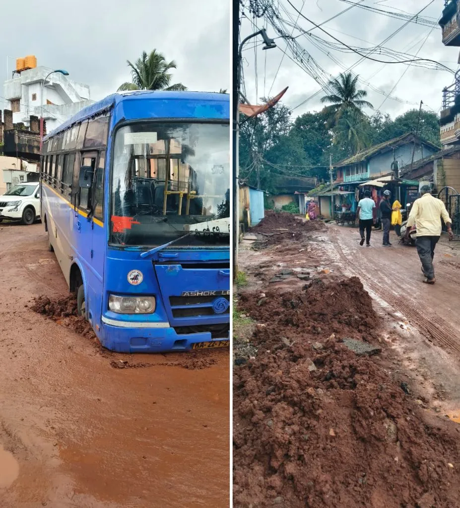 अनगोळ येथे डेनेजचरीत अडकली बस Bus stuck in a ditch in Angol
