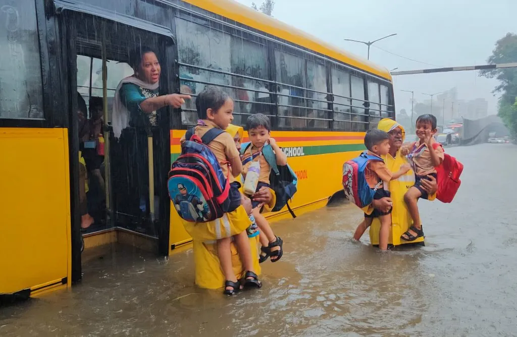 The rain is pouring down.